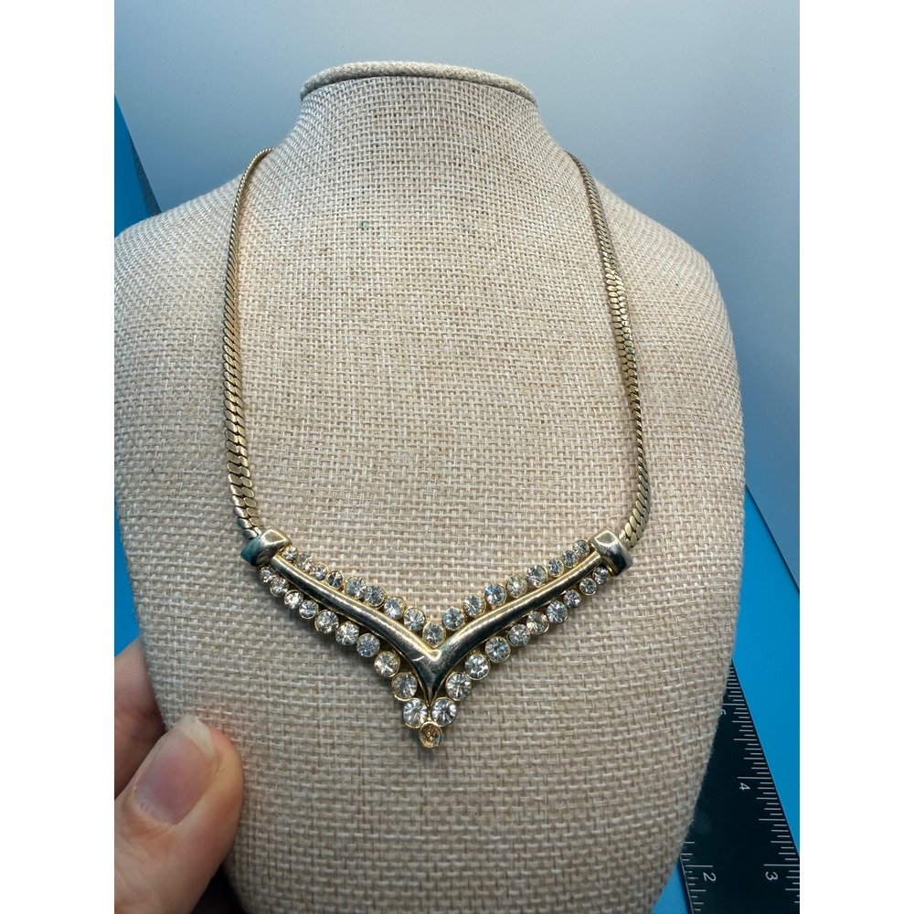 Park Lane Vintage Gold Tone Rhinestone Chevron V Pendant Snake Chain Necklace